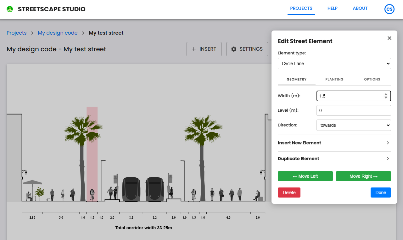 Screenshot of cross section through a large street with cycle lanes, trees and tram lanes